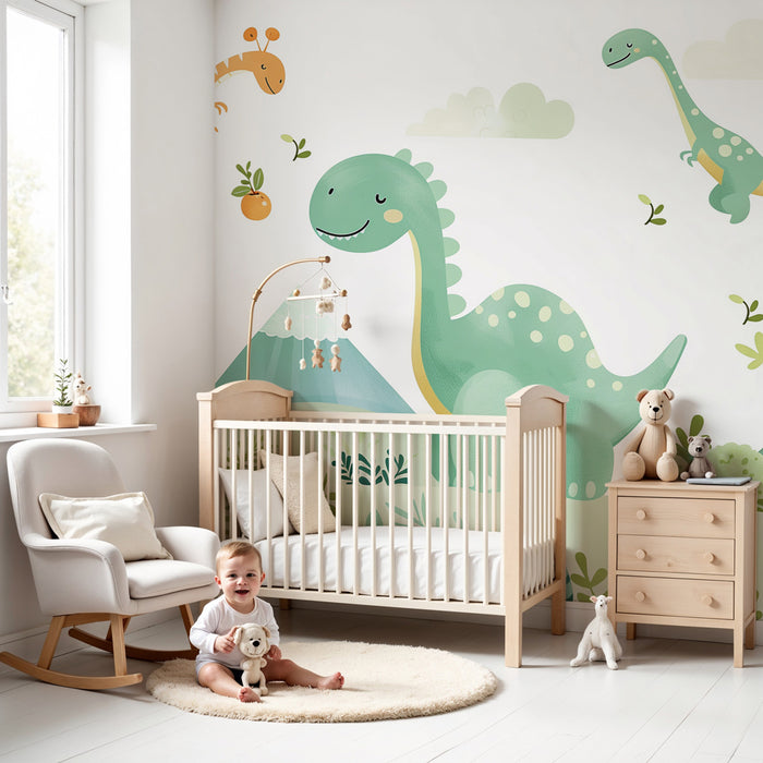 Papier peint chambre enfant | Dinosaures joyeux dans un paysage verdoyant et ludique