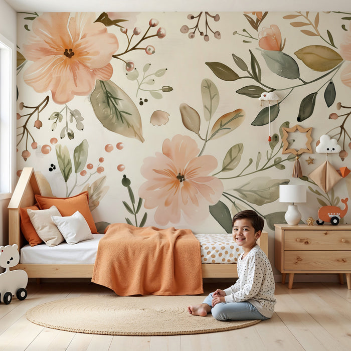 Papier peint chambre enfant | Fleurs délicates et feuillage pastel
