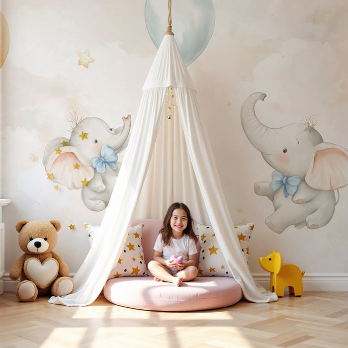 Papier peint chambre bébé | Éléphants rêveurs et ballons pastel flottants