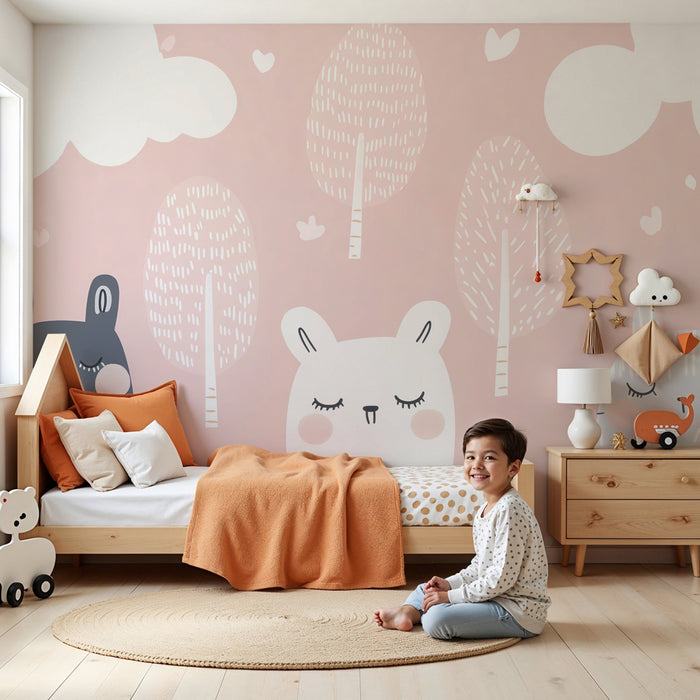 Papier peint chambre bébé | Douce rêverie avec animaux et arbres pastel
