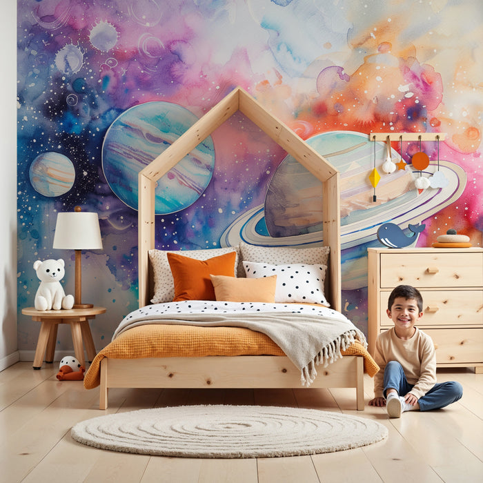 Papier peint chambre enfant | Univers aquarelle - Planètes et nébuleuses colorées