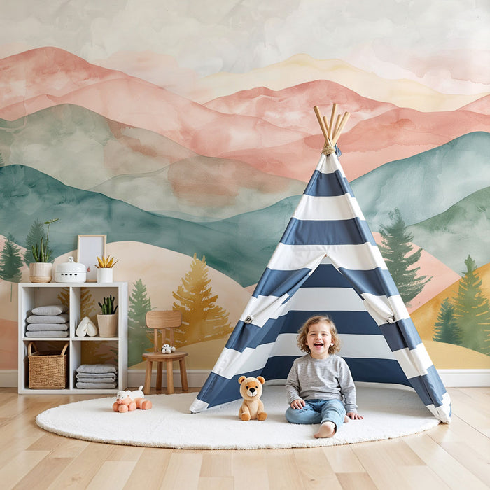 Papier peint chambre enfant | Montagnes pastel et forêts enchantées