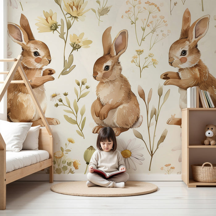 Papier peint chambre enfant | Lapins espiègles et fleurs champêtres