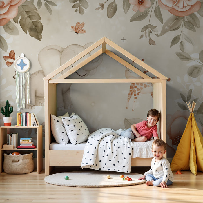 Papier peint chambre bébé | Douceur florale avec éléphant et girafe espiègles