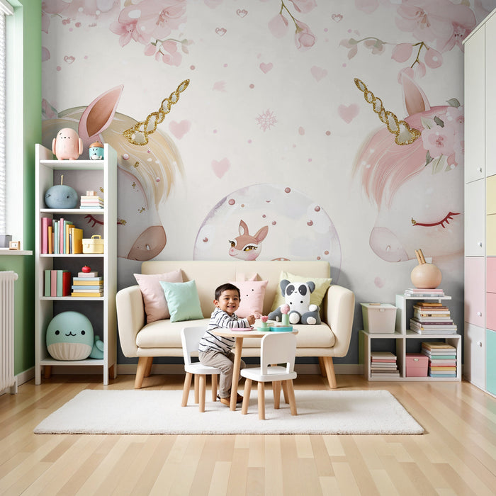 Papier peint chambre enfant | Licornes rêveuses et douceur florale