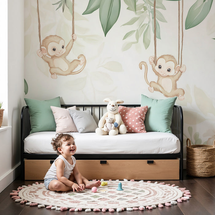 Papier peint chambre bébé | Singes espiègles et feuillage tropical doux