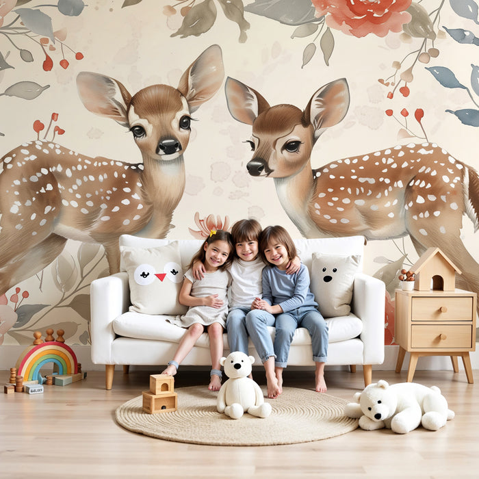 Papier peint chambre bébé | Faons et fleurs pastel en harmonie florale