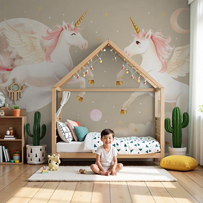 Papier peint chambre enfant | Licornes enchantées et ciel étoilé