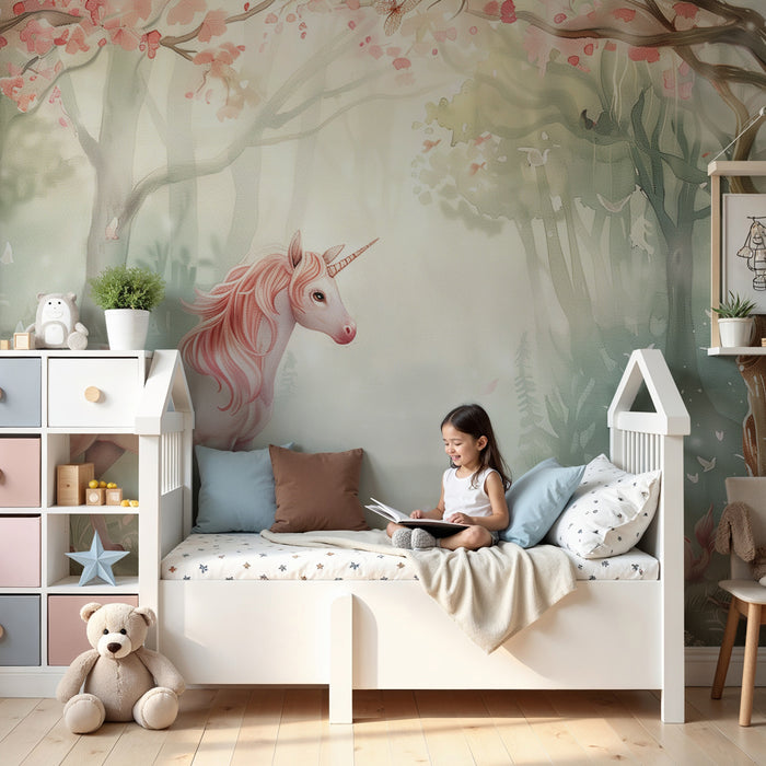 Papier peint chambre enfant | Forêt enchantée avec licorne et lapins rêveurs
