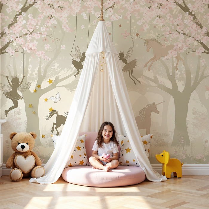 Papier peint chambre enfant | Forêt enchantée avec fées et licornes en fleurs de cerisier