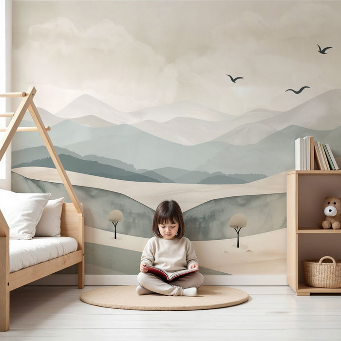 Papier peint chambre bébé | Paysage montagneux pastel et oiseaux en vol
