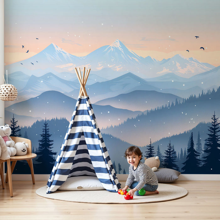 Papier peint chambre enfant | Montagnes enneigées et forêt enchantée