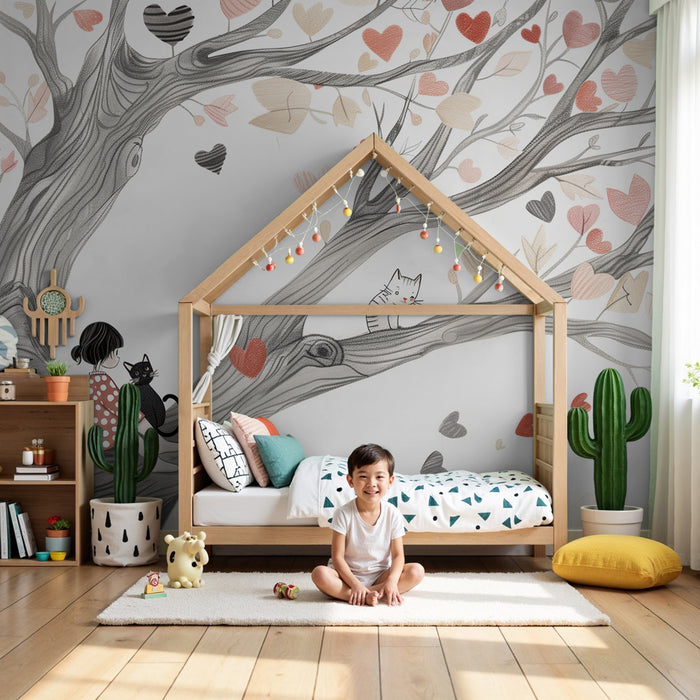 Papier peint chambre enfant | Arbre enchanté aux cœurs et chats espiègles