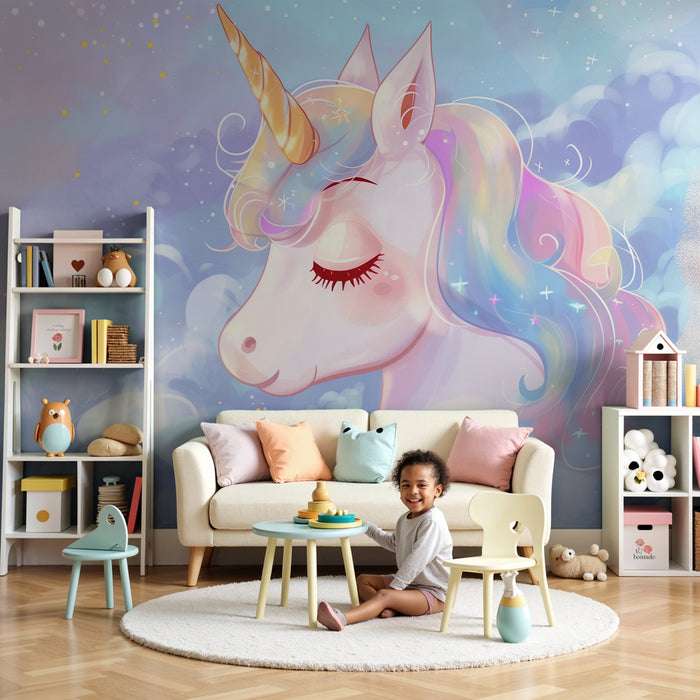 Papier peint chambre enfant | Rêverie pastel avec licorne et nuages étoilés