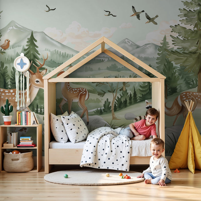 Papier peint chambre enfant | Forêt enchantée avec faons et renards