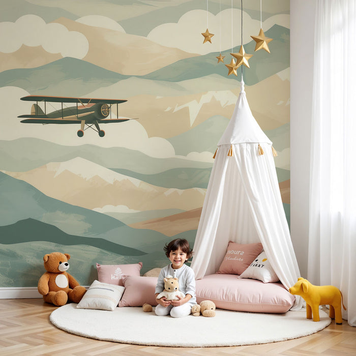 Papier peint chambre enfant | Aventures aériennes sur montagnes pastel