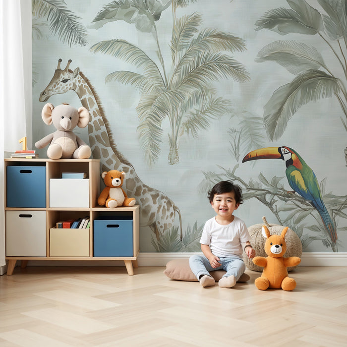 Papier peint chambre enfant | Jungle aquarelle avec girafe et toucan coloré
