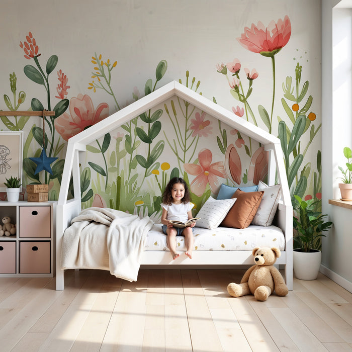 Papier peint chambre bébé | Jardin enchanté avec lapins et fleurs pastel