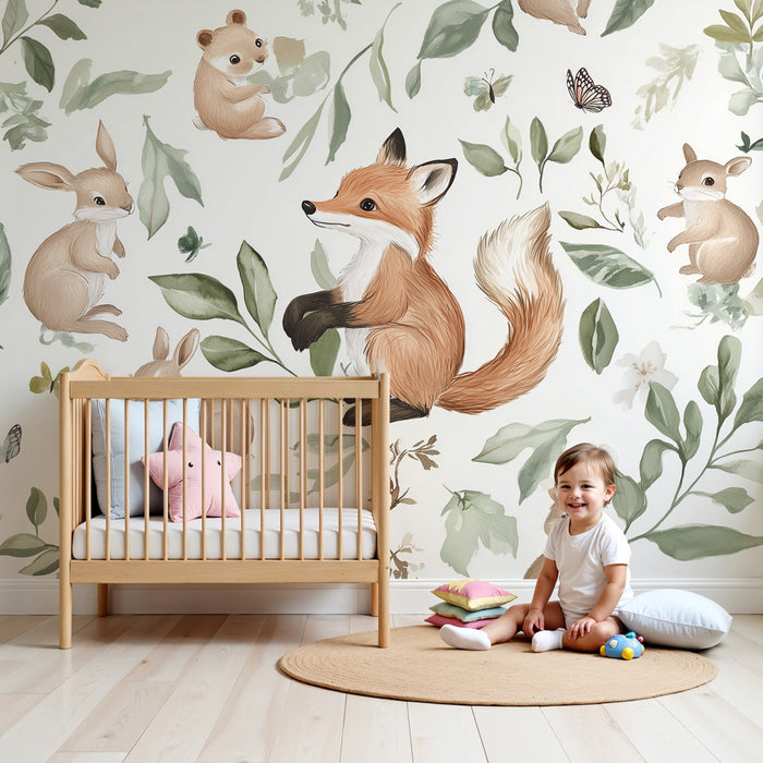 Papier peint chambre bébé | Forêt enchantée avec renards et lapins