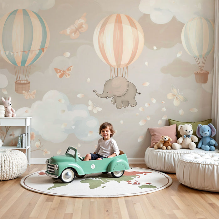 Papier peint chambre bébé | Éléphant rêveur et montgolfières pastel
