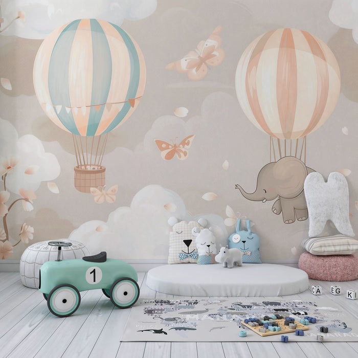 Papier peint chambre bébé | Éléphant rêveur et montgolfières pastel