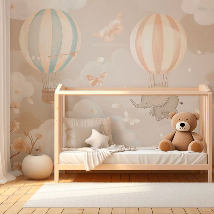 Papier peint chambre bébé | Éléphant rêveur et montgolfières pastel
