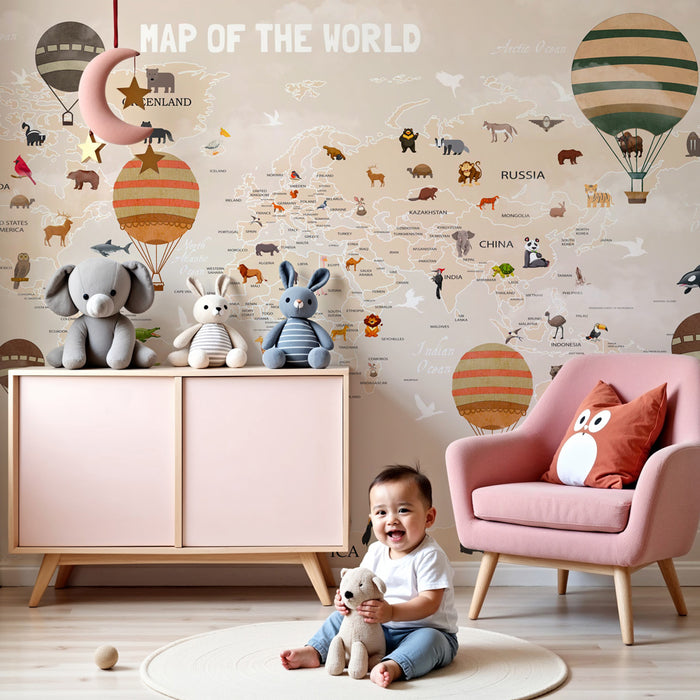 Papier peint chambre enfant | Carte du monde illustrée avec animaux et montgolfières