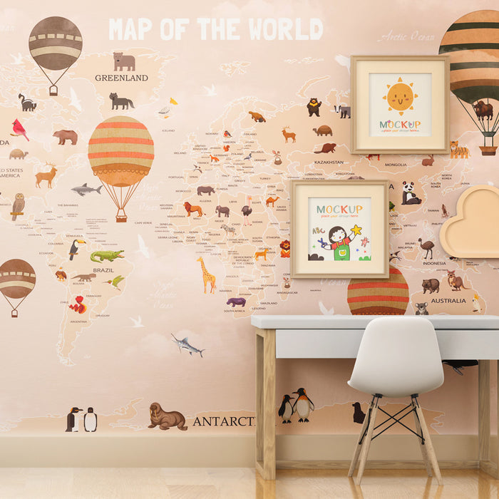 Papier peint chambre enfant | Carte du monde illustrée avec animaux et montgolfières