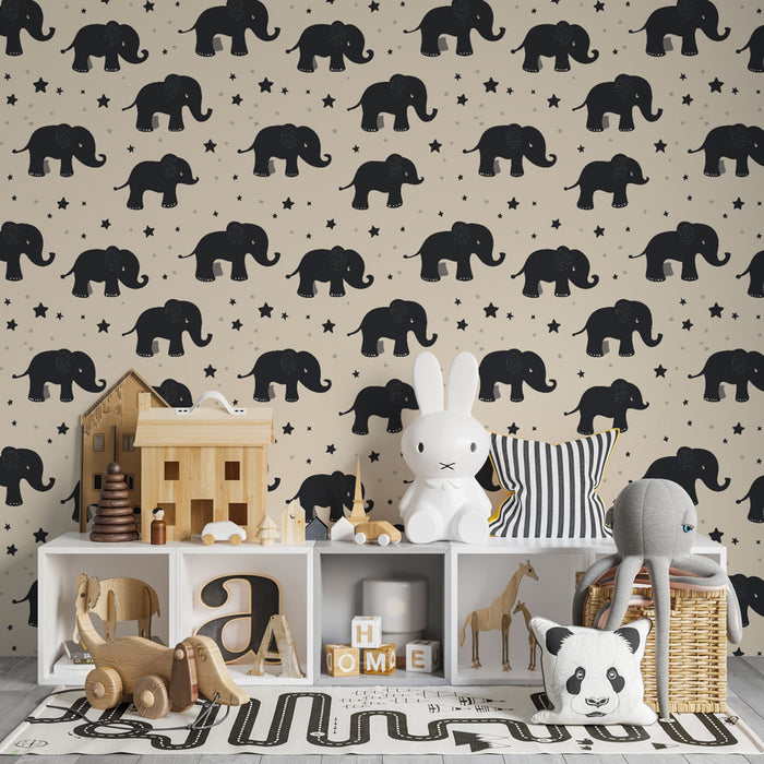 Papier peint chambre bébé à motifs | Élégants éléphants noirs sur fond crème