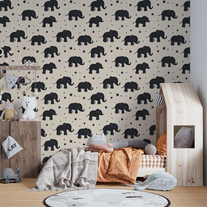 Papier peint chambre bébé à motifs | Élégants éléphants noirs sur fond crème
