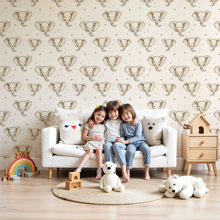 Papier peint chambre bébé à motifs | Éléphants mignons sur fond crème
