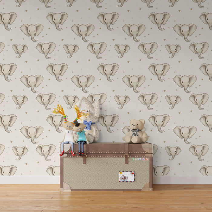 Papier peint chambre bébé à motifs | Éléphants mignons sur fond crème