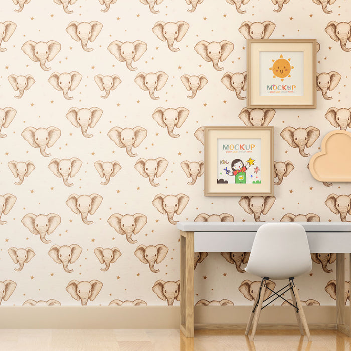 Papier peint chambre bébé à motifs | Éléphants mignons sur fond crème