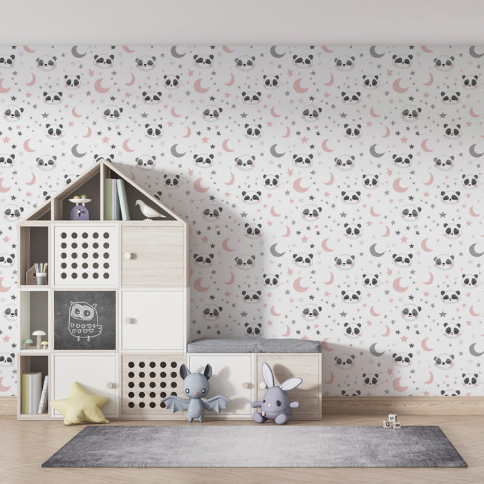 Papier peint chambre bébé à motifs | Pandas endormis sous un ciel étoilé