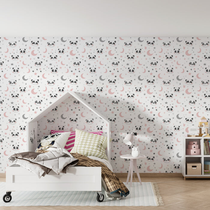 Papier peint chambre bébé à motifs | Pandas endormis sous un ciel étoilé