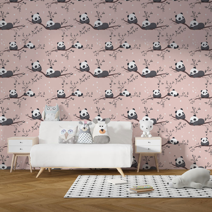 Papier peint chambre bébé à motifs | Pandas espiègles sur branches délicates