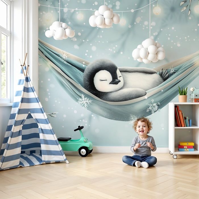 Papier peint chambre bébé | Bébé manchot endormi dans un hamac douillet sous les flocons