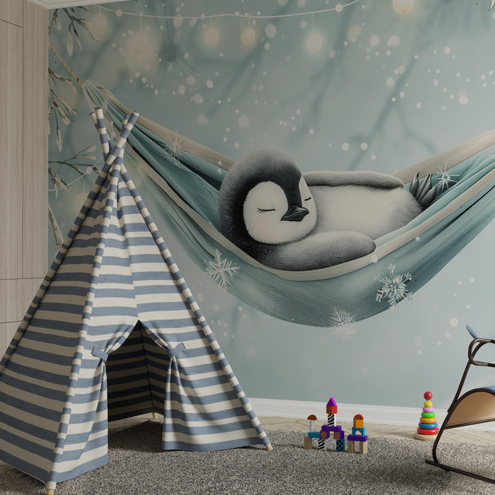 Papier peint chambre bébé | Bébé manchot endormi dans un hamac douillet sous les flocons