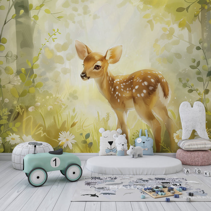 Papier peint chambre bébé | Faon curieux dans une clairière enchantée baignée de lumière