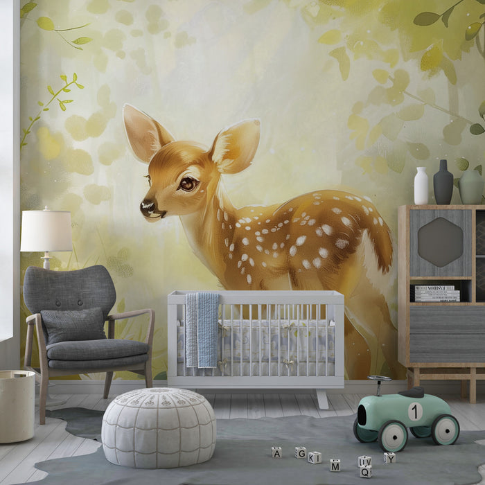 Papier peint chambre bébé | Faon curieux dans une clairière enchantée baignée de lumière