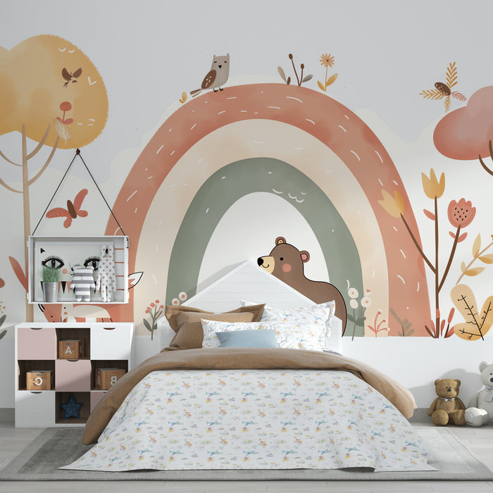 Papier peint chambre bébé | Forêt joyeuse et arc-en-ciel pastel peuplés d’animaux câlins