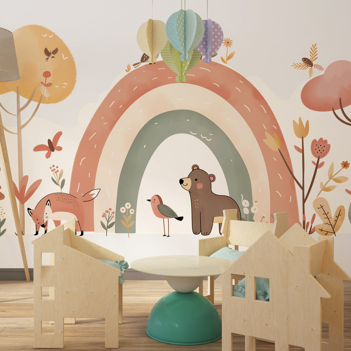 Papier peint chambre bébé | Forêt joyeuse et arc-en-ciel pastel peuplés d’animaux câlins