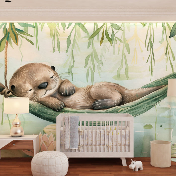 Papier peint chambre bébé | Loutre endormie dans un hamac suspendu au-dessus des nénuphars