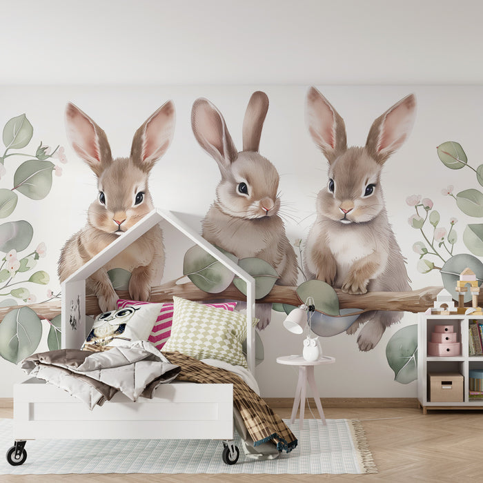 Papier peint chambre bébé | Trois petits lapins sur leur branche au milieu des feuillages tendres