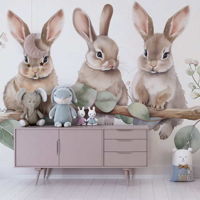 Papier peint chambre bébé | Trois petits lapins sur leur branche au milieu des feuillages tendres