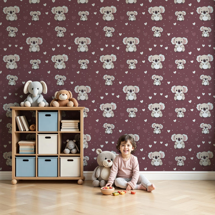 Papier peint chambre enfant à motifs | Adorables koalas et cœurs sur fond bordeaux