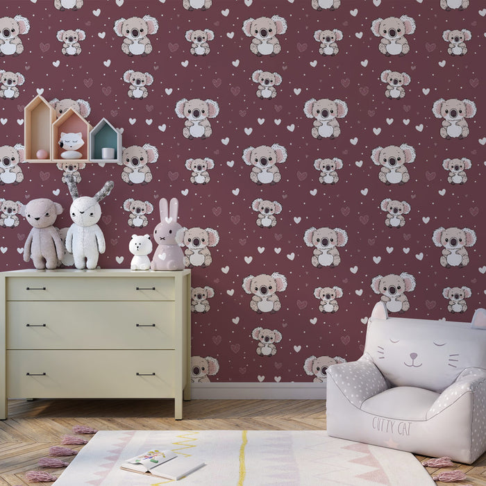 Papier peint chambre enfant à motifs | Adorables koalas et cœurs sur fond bordeaux
