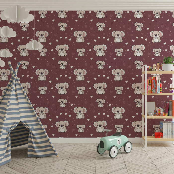 Papier peint chambre enfant à motifs | Adorables koalas et cœurs sur fond bordeaux