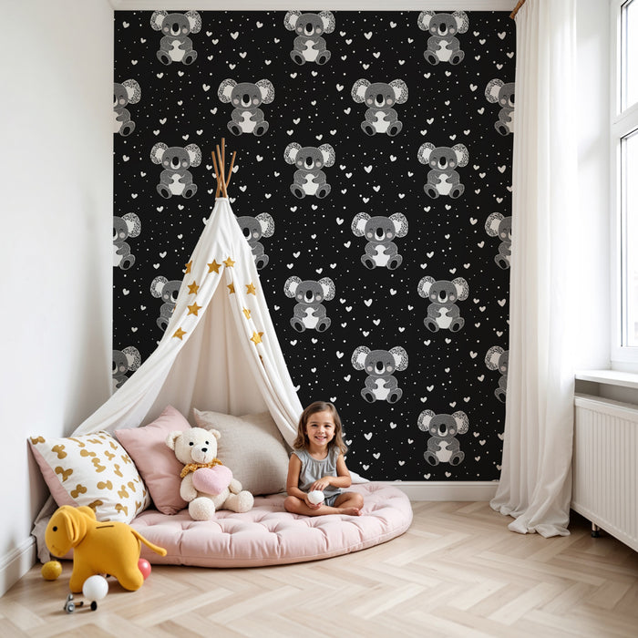 Papier peint chambre enfant à motifs | Adorables koalas sur fond noir