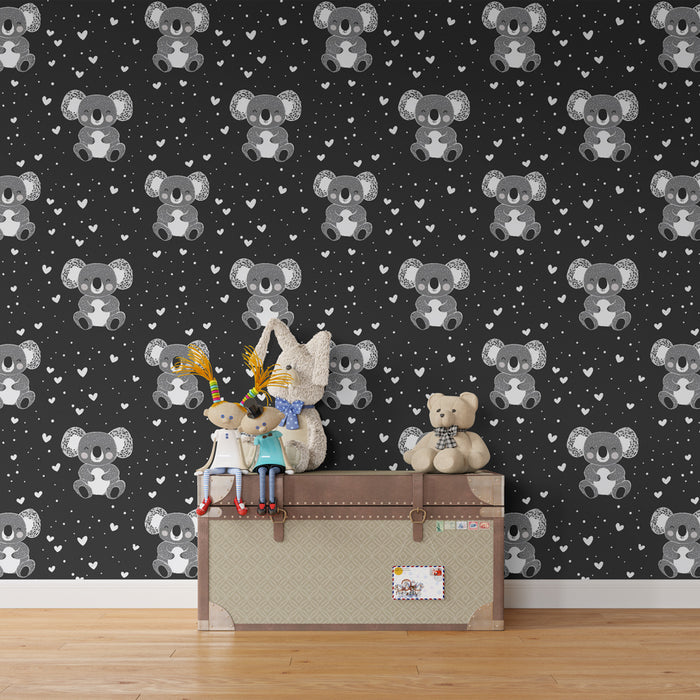 Papier peint chambre enfant à motifs | Adorables koalas sur fond noir